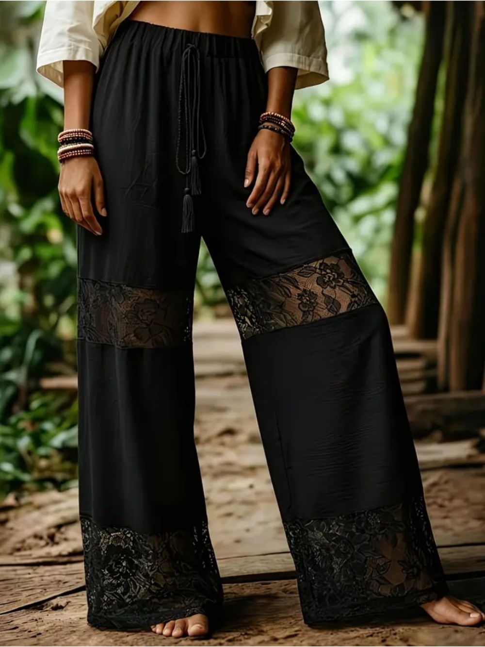 Black Wide-Leg Lace-Panel Palazzo Pants